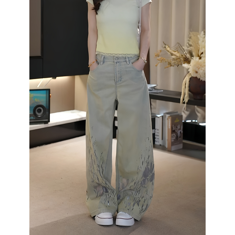 Ah Double Asfo【Kaleidoscope】Gradient Washed Denim Cotton Cut-Out Hollow Straight Casual Pants for Women Nzk00524