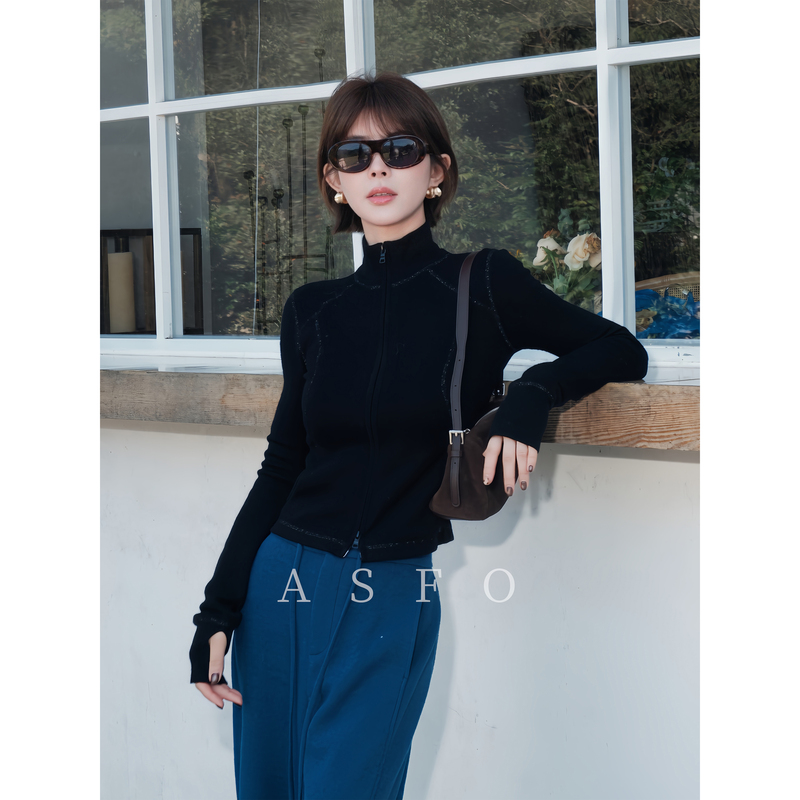 Ah Double Asfo [Little Bright Silk] 100% Merino Wool Lu Series Shiny Silk Stretch Slim Fit Cardigan Top for Women Xs02617