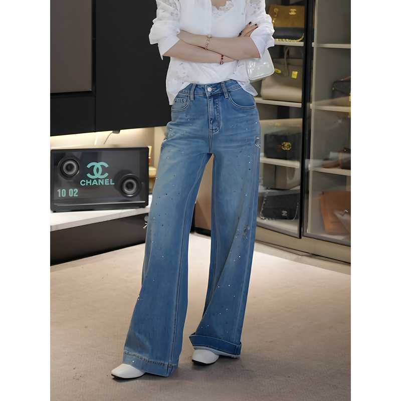 Ah Double Asfo [Cow Face Beads] Heavy-Duty Sequins and Rhinestones High-Waisted Straight-Leg Jeans Casual Wide-Leg Long Pants for Women