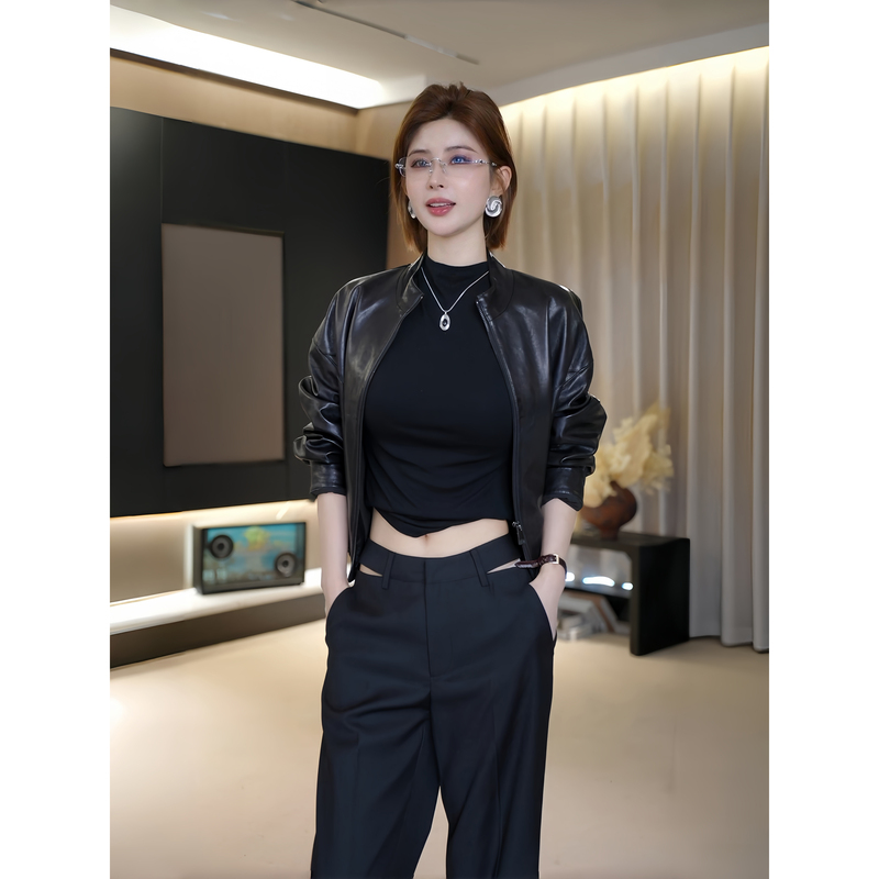 Ah Double Asfo【Fengzhu】100% Imported Oil Wax Sheepskin Stand Collar Leather Jacket Zppy02929