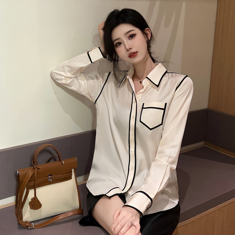 High-End Commuter Style Top Burch Acetate Silk Retro Commuter Black and White Versatile Lapel Button-Down Shirt for Women