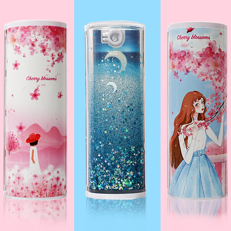 Cherry blossom screen red pen box shakes the sand cylinder cylindrical pencil case pencil box Korean version Jane cute pen bag