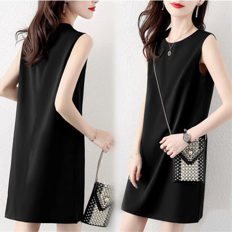 Black Designer Sleeveless Straight Dress for Women, New Summer Style, Loose Fit, Slimming, Tank Top Dress