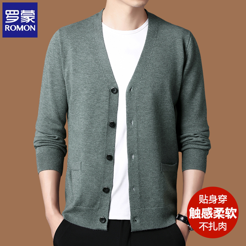 Romon Men's Knit Cardigan Thin Jacket V-Neck Sweater Outerwear Solid Color Casual Men's Clothing Spring and Autumn Top Trendy