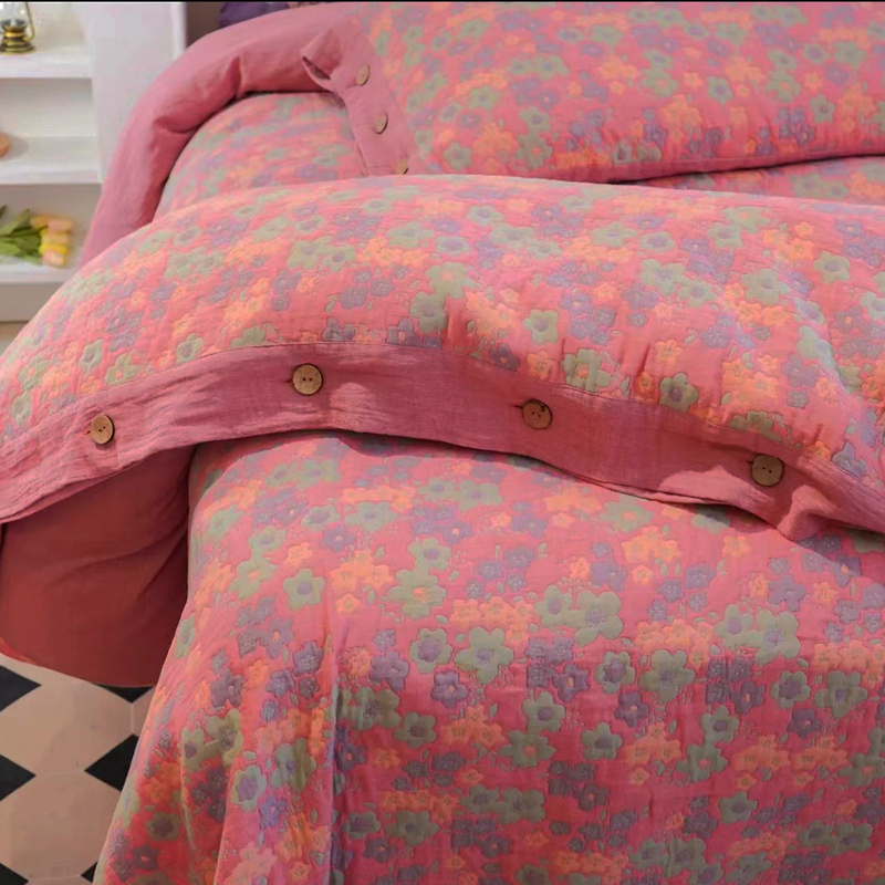 Class a Pure Cotton Three-Layer Gauze Autumn and Winter Thickened Bed Cover Four-Piece Set Pure Cotton Gauze Yarn-Dyed Jacquard Button Style Bed Set 4