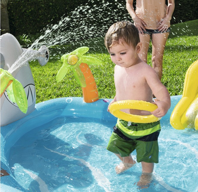 Mới lớn cá mập inflatable pad hồ bơi với slide có thể phun nước vườn hồ bơi phim hoạt hình động vật đồ chơi bóng hồ bơi be bơi phao cho người lớn giá rẻ