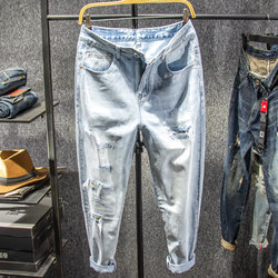 Sangu kapok light color beggar ripped jeans men's loose straight wide leg nine-point pants men's patched harem pants