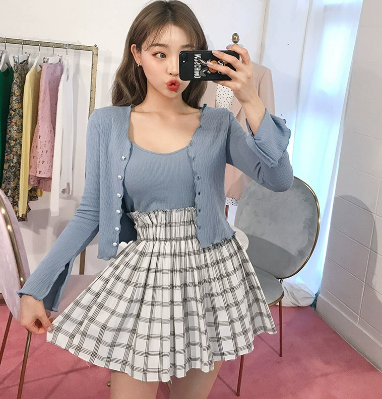 18 mùa hè chuu đích thực thời trang tất cả phù hợp văn học phụ nữ eo cao kẻ sọc cotton thun eo váy - Váy