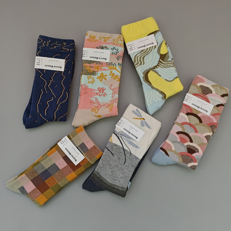 New Bm French Niche Women's Cotton Socks, All-Season Colorful Oil Painting Fun Mid-Calf Socks, Versatile Trendy Brand Casual New Bm French Niche Women's Cotton Socks, All-Season Colorful Oil Painting Fun Mid-Calf Socks, Versatile Trendy Brand Casual