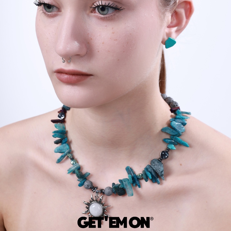 Getemon Irregular Turquoise Stone Beaded Necklace Vintage Niche Bohemian Vacation Style Design