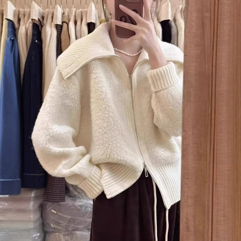 Korean-Style Atmospheric Lapel Zipper Knit Cardigan for Women, Autumn and Winter, Very Stylish, Casual, Loose Sweater Jacket, Thick Top