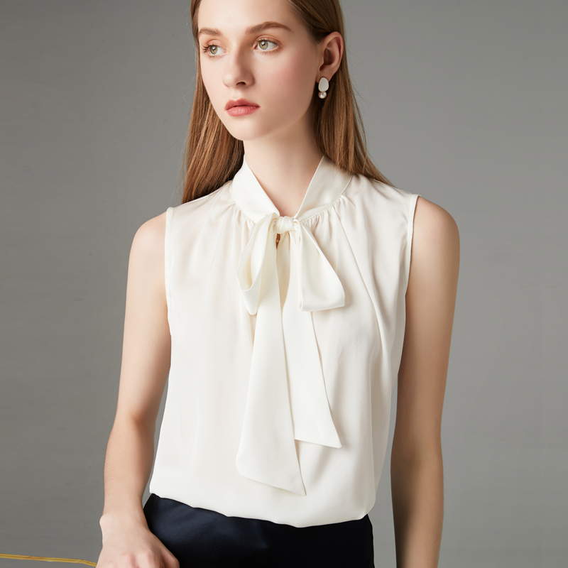 Chanel-Style Silk Shirt with Inner T-Shirt Vest for Women, Mulberry Silk Sleeveless Ribbon Top, White Loose Camisole for Summer