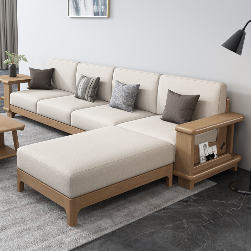 All-solid wood sofa combination modern minimal small household type new Chinese living room furniture Nordic technology cloth corner sofa