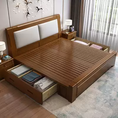 Real wood bed 1 8 meters double modern minimalist master bed 1 5 Chinese economy upholstered backrest storage bed