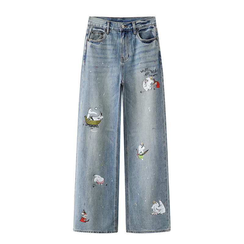 Mo2026 Genuine Summer New Women's Cotton Cartoon Graffiti Straight Wide-Leg Jeans for Women Mbf2Jen011