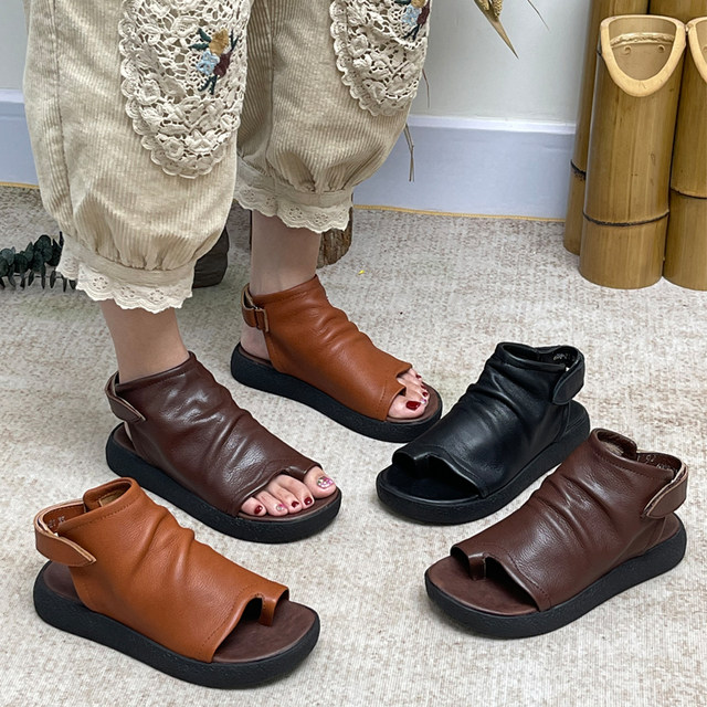 Retro thick-soled women's sandals new summer genuine leather women's shoes handmade low-heeled versatile soft-soled high-top Roman sandals trendy