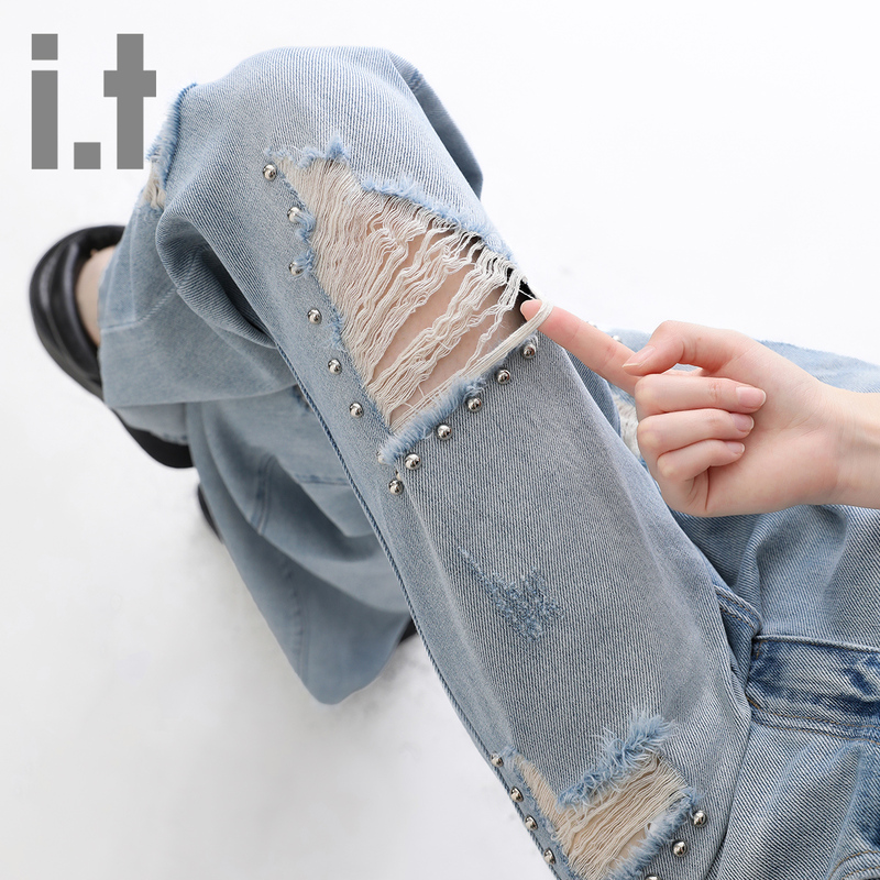 It:Chocoolate Women's Jeans Summer Thin Style Distressed Ripped High-Waisted Slimming Straight Loose Wide-Leg Pants K