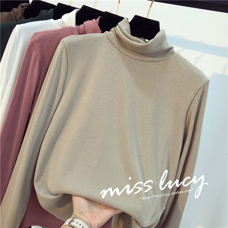 Áo sơ mi nữ ZZ mùa thu 2018 phiên bản Hàn Quốc mới của chiếc áo dài tự tay ngắn đoạn hoang dã màu rắn cổ cao chạm đáy áo thun áo thu đông dài tay nữ