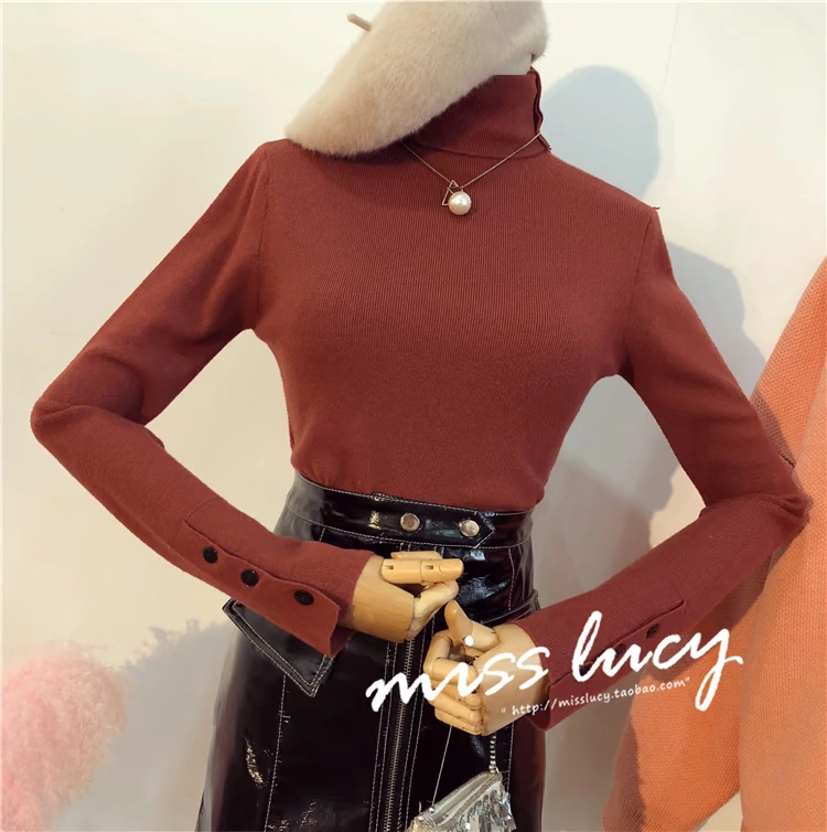 Áo len nữ mùa thu 2018 mới phiên bản Hàn Quốc của áo len dáng lửng ống loe dài tay hoang dã lưới đỏ cổ cao áo thun đẹp