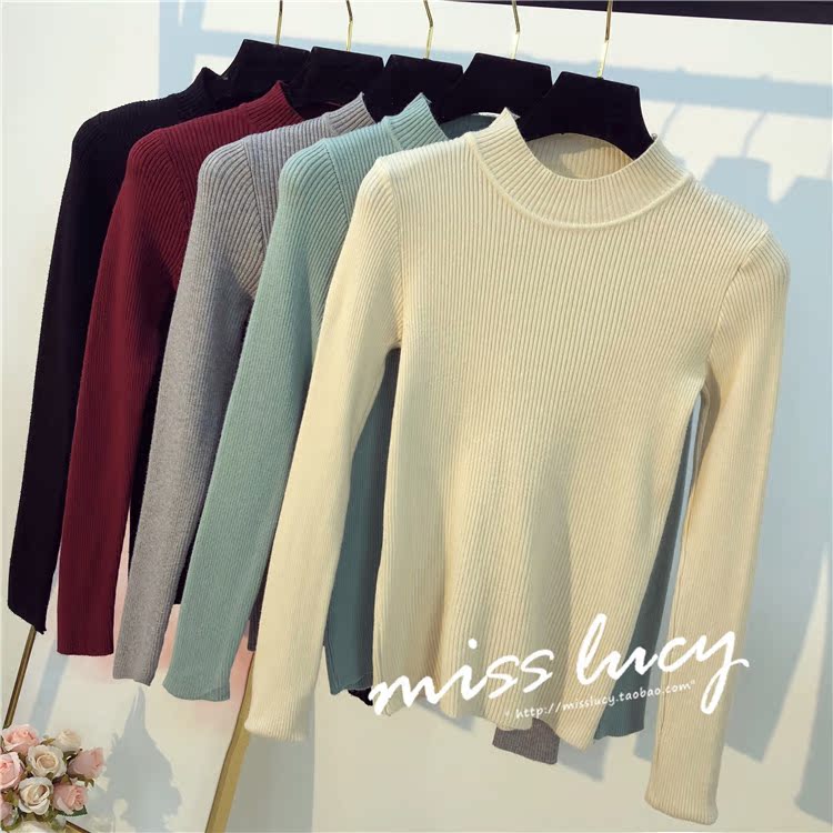 Áo sơ mi nữ mùa thu ZZ 2018 phiên bản Hàn Quốc mới của chiếc áo len dài tay hoang dã nửa cao cổ áo len cổ lọ ngắn chạm đáy áo len áo phông nữ