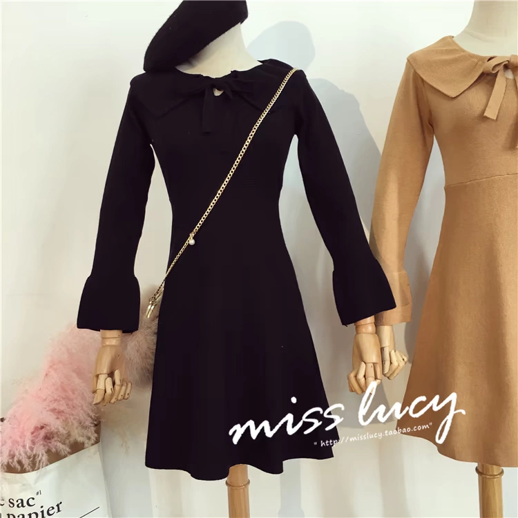 Mùa thu 2018 mới mang khí chất retro thắt nơ cô gái Pháp váy xù dài tay đan 	váy siết eo