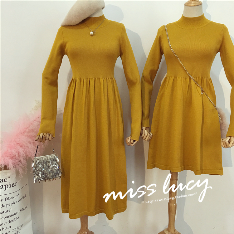 Mùa thu và mùa đông 2018 new Pháp tính khí tình yêu đầu tiên cô gái platycodon váy over the knee đoạn dài đáy knit dress nữ váy liền thân chữ a đẹp