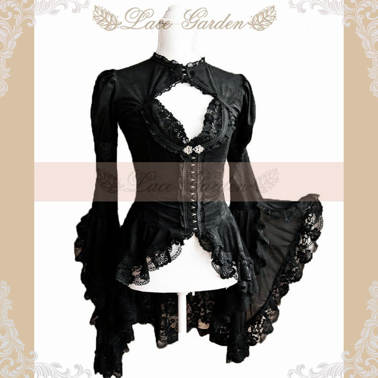 【Lace Garden】Dark Gothic Black Slim-Fitting Top, Elegant Palace Lace Flared Long-Sleeve Jacket