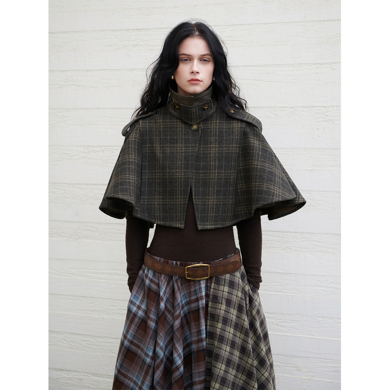Dozzease Army Green Plaid Shawl Cape Woolen Material Windproof and Warm Matchinging Essential Outerwear Dozzease Army Green Plaid Shawl Cape Woolen Material Windproof and Warm Matchinging Essential Outerwear