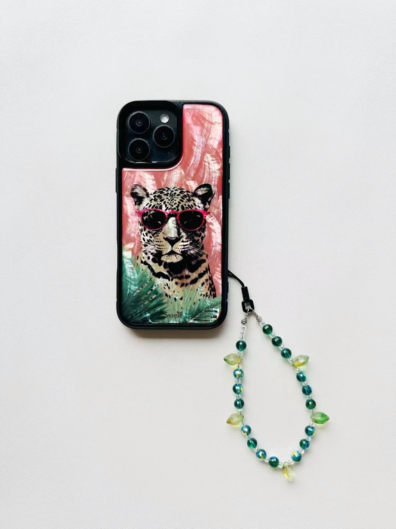 Leopard Pink Sunglasses Green Palm Leaves Cartoon iPhone Case