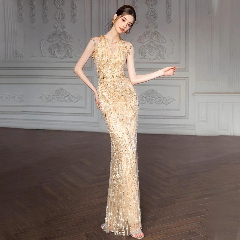 Gold Evening Dress, Sequin Host Gown, High-End Luxury, Niche Banquet Fishtail Dress, Toast Dress, Bride