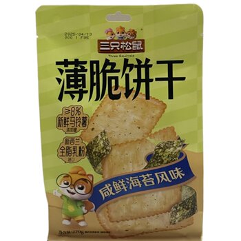 Three Squirrels Crackers Salty Fresh Seaweed Flavor 270Gx1 Bag Biscuits Crispy Meal Replacement Snacks