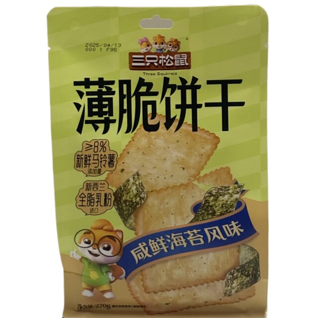 Three Squirrels Crackers Salty Fresh Seaweed Flavor 270Gx1 Bag Biscuits Crispy Meal Replacement Snacks