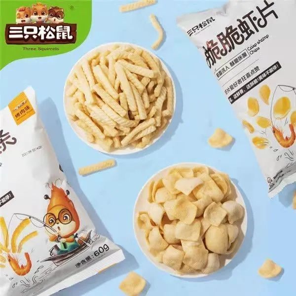 Three Squirrels Crispy Shrimp Sticks 60g 5 Bags Original Bbq Potato Chips Snacks 80S Nostalgic Snacks