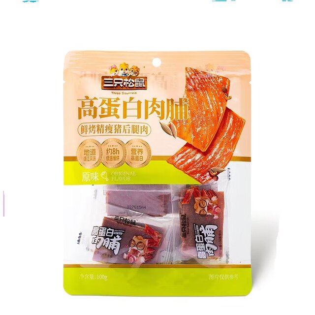 Three Squirrels High-Protein Jerky 100g Bag - Ready-To-Eat Snack, Delicious Treat for Leisure, Binge-Watching, and Outings