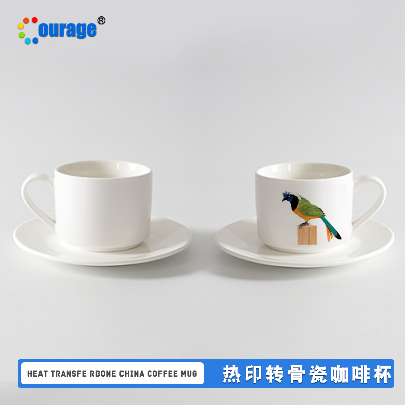 Thermal transfer bone china pure white coffee cup dish office water cup custom logo printing word restaurant home simple tea cup