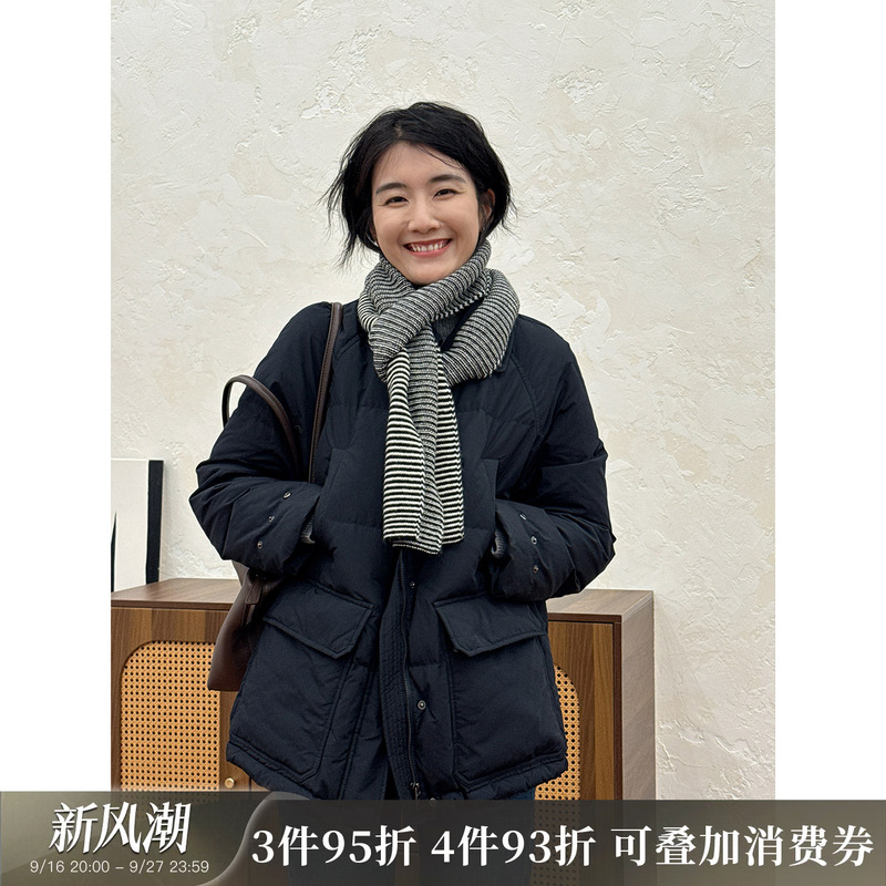 Langqing Navy Blue Goose down Jacket for Women, Winter 2026 New Style, Windproof, Turn-Down Collar, Loose, Lightweight, Warm Coat