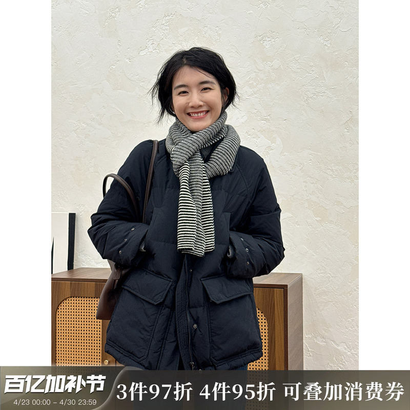 Langqing Navy Blue Goose down Jacket for Women, Winter 2025 New Style, Windproof, Turn-Down Collar, Loose, Lightweight, Warm Coat