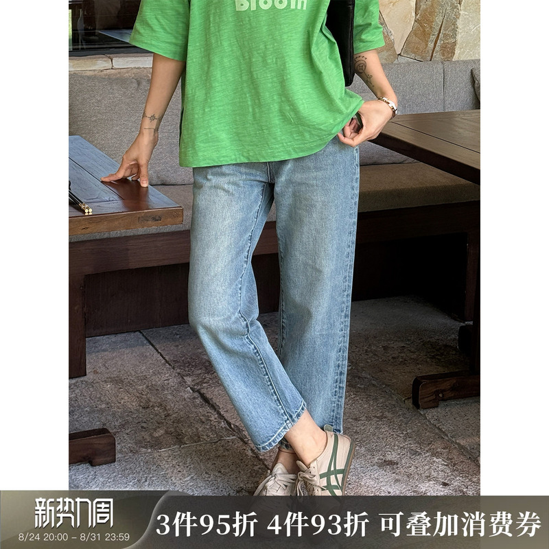 Langqing [Chopstick Legs] Blue Washed Straight-Leg Jeans for Women 2026 New Early Autumn Pure Cotton Petite Cropped Pants