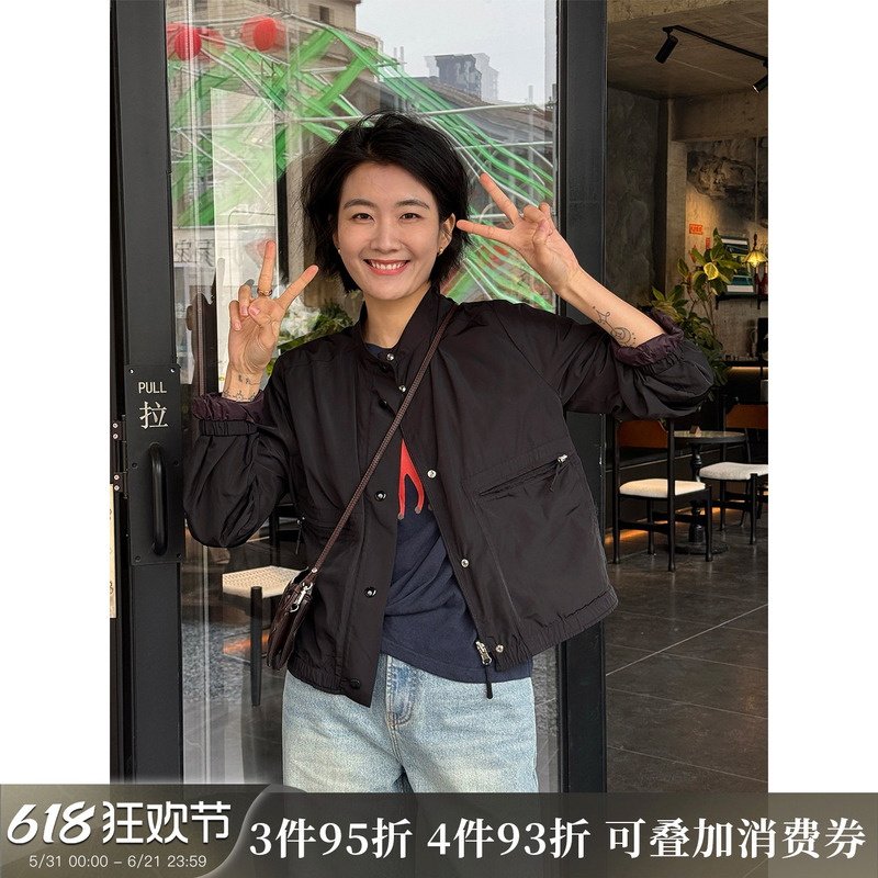 Langqing [Two-Face] Black Reversible Stand Collar Jacket for Women 2026 New Spring Short Top