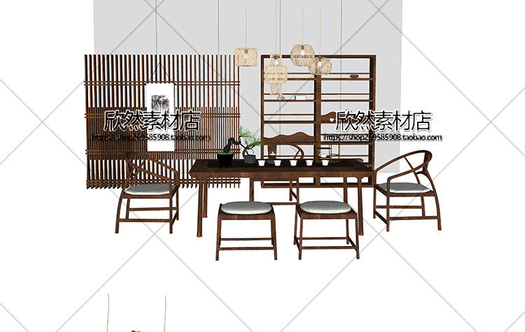 F2-9现代新中式禅意中国风古典实木泡茶桌椅家具茶室摆件su草图大师sketchup模型