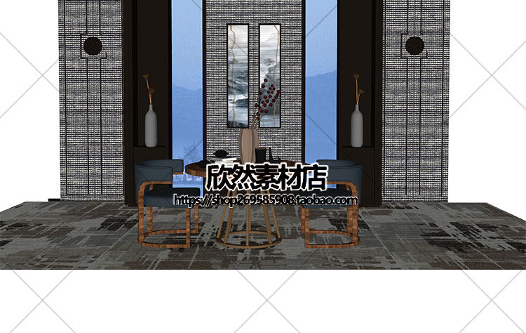 F2-9现代新中式禅意中国风古典实木泡茶桌椅家具茶室摆件su草图大师sketchup模型