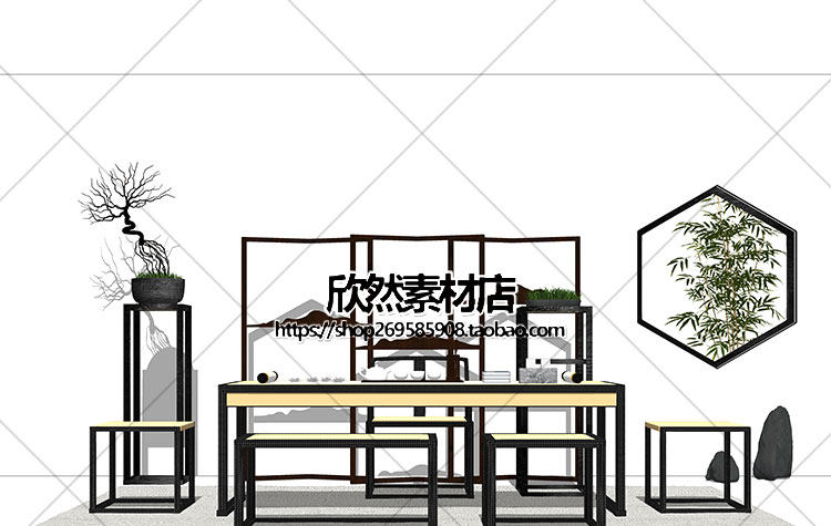 F2-9现代新中式禅意中国风古典实木泡茶桌椅家具茶室摆件su草图大师sketchup模型