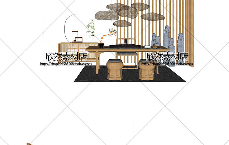 F2-9现代新中式禅意中国风古典实木泡茶桌椅家具茶室摆件su草图大师sketchup模型
