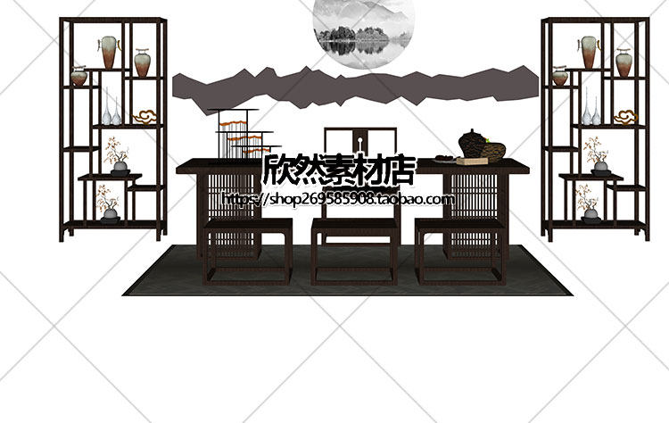 F2-9现代新中式禅意中国风古典实木泡茶桌椅家具茶室摆件su草图大师sketchup模型