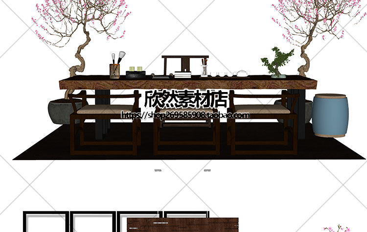 F2-9现代新中式禅意中国风古典实木泡茶桌椅家具茶室摆件su草图大师sketchup模型