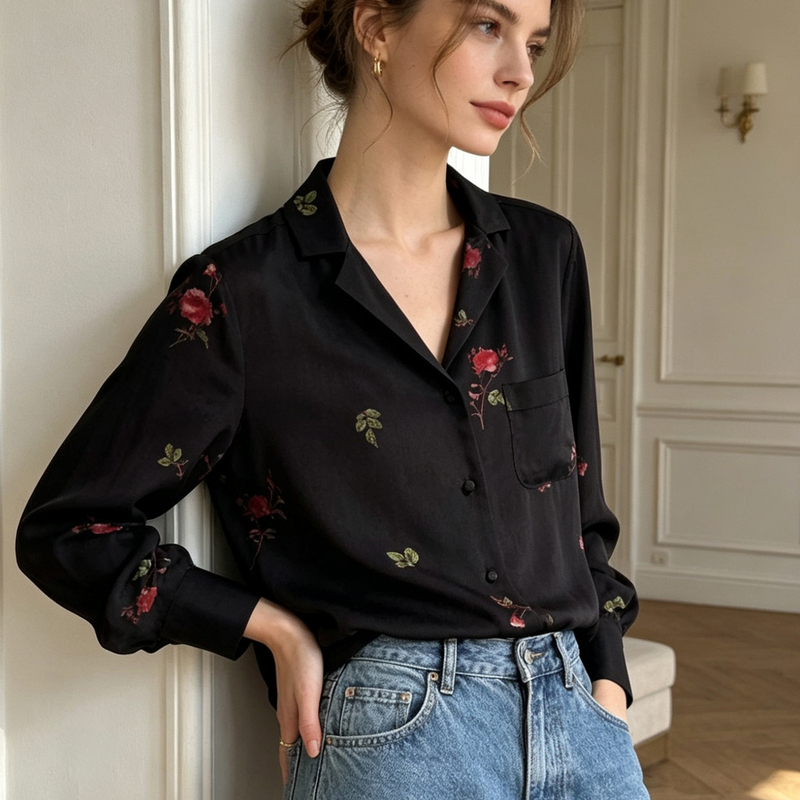 French Retro Elegant Suit Collar Romantic Rose Print Sand-Washed Silk Shirt Black Mulberry Silk Shirt