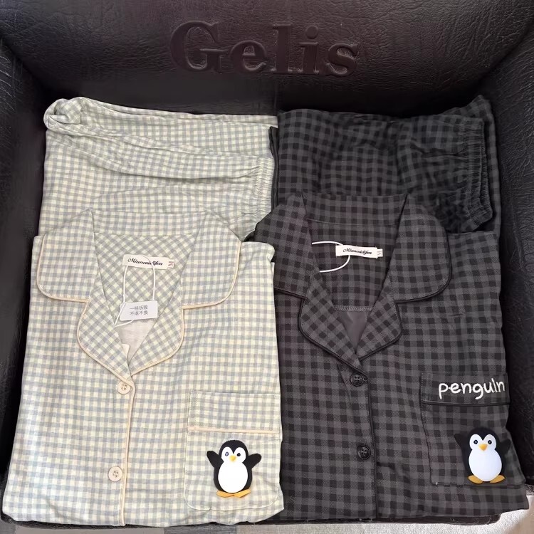 Couple Pajamas for Women, Summer Pure Cotton Thin Style, Cute Penguin Plaid Short-Sleeved Men's Three-Piece Set, Home Wear