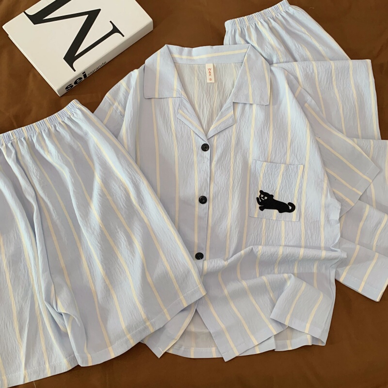 Summer Pure Cotton Men's Pajamas Thin Short-Sleeved Shorts Three-Piece Set ins Striped Black Cat Large Size Loungewear