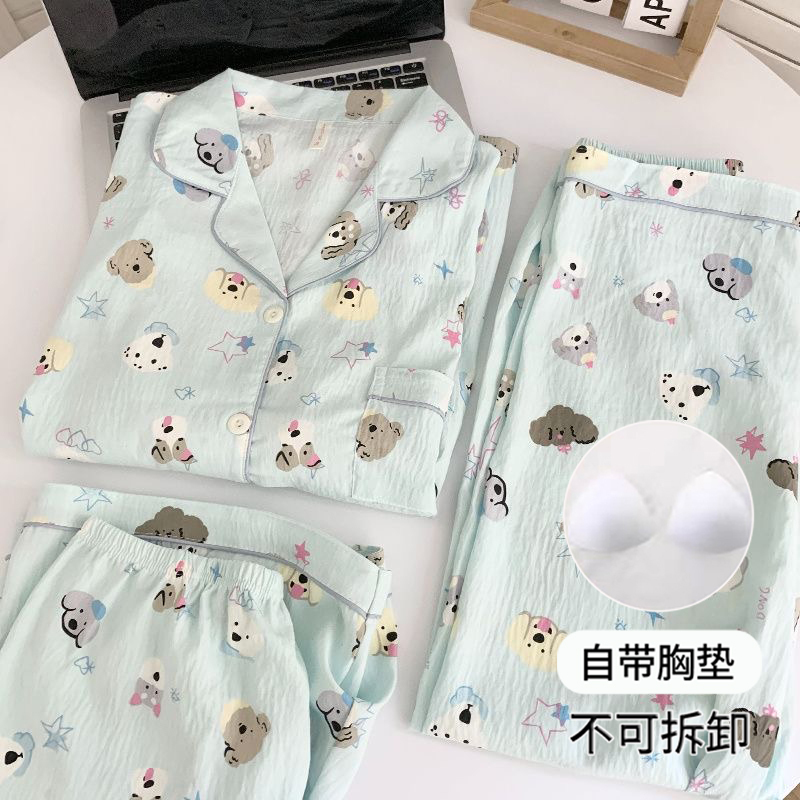 Three-Piece Set of Bra-Free Pajamas with Breast Pads for Girls, Cute Puppy Summer Short-Sleeved Pure Cotton Gauze Home Clothes