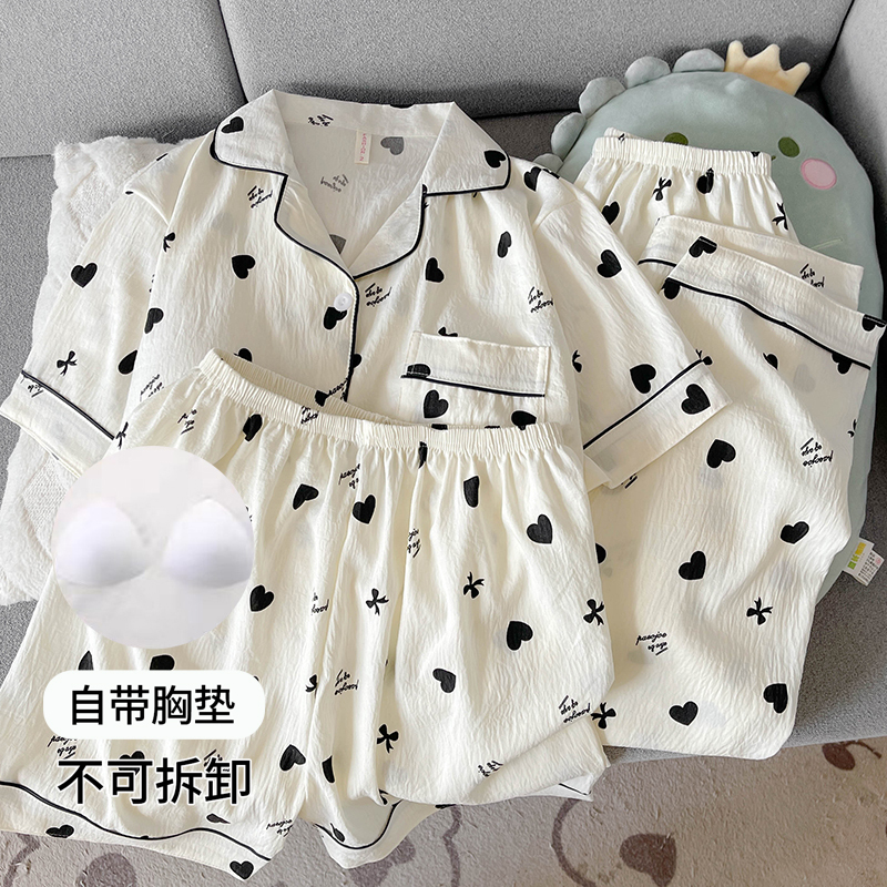 Summer Short-Sleeved Pajamas with Breast Pads for Women, Pure Cotton Silk Gauze, Sweet Heart Three-Piece Set That Can Be Worn Outside as Home Clothes